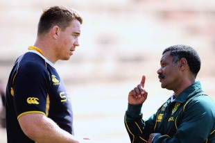 South Africa head coach Peter de Villiers talks tactics with captain John Smit, South Africa training session, Shimla Park, Bloemfontein, South Africa, August 30, 2010