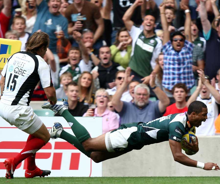 A delighted Delon Armitage dives in to score London Irish's opening try