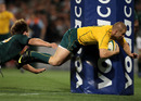 Drew Mitchell dives over to score Australia during their 2010 Tri-Nations clash with South Africa