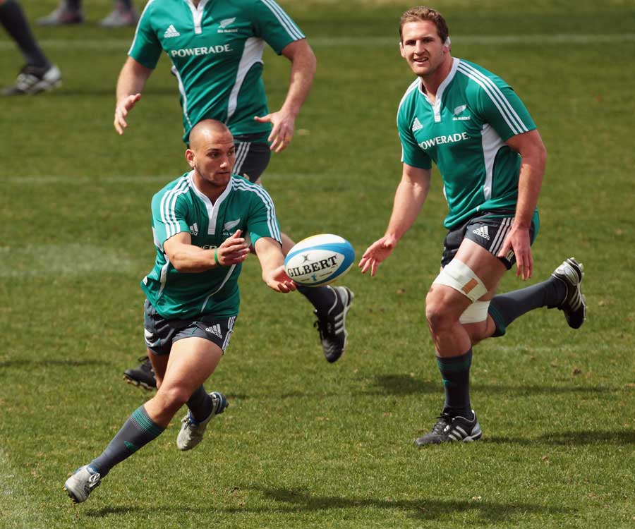 All Blacks fly-half Aaron Cruden fires a pass during training