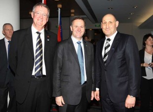 IRB chairman Bernard Lapasset, New Zealand Prime Minister John Key and Rugby New Zealand 2011 chairman Jock Hobbs, Rugby World Cup 2011 One Year To Go celebrations, Eden Park, Auckland, New Zealand, September 9, 2010