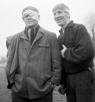 Injured England captain Dick Greenwood and team-mate Budge Rogers, England training session, February 21, 1969 
