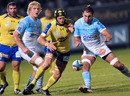 Bayonne's Marc Baget-Rabarou views with Clermont flanker Julien Bonnaire for a loose ball