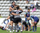 Brive's players celebrate at the full-time whistle