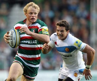 Leicester's Scott Hamilton shows his pace to elude Mark Foster, Leicester v Exeter, Welford Road, Leicester, England, September 11, 2010