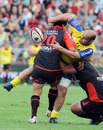 Clermont hooker Mario Ledesma is manhandled by the Toulon defence