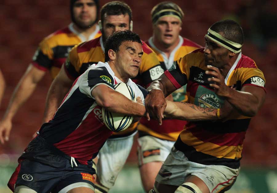 Tasman flanker Shane Christie takes on the Waikato defence