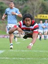 Counties Manukau's Ahsee Tuala dives over to score a try
