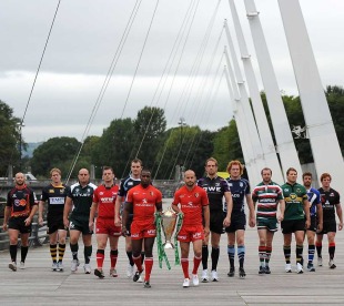 Toulouse's Yves Donguy and Frederic Michalak parade the Heineken Cup, accompanied by the captains of competing clubs, Heineken Cup launch, Millennium Stadium, Cardiff, Wales, September 27, 2010