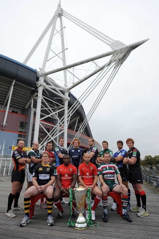 Toulouse's Yves Donguy and Frederic Michalak pose with the Heineken Cup, accompanied by the captains of competing clubs, Heineken Cup launch, Millennium Stadium, Cardiff, Wales, September 27, 2010
