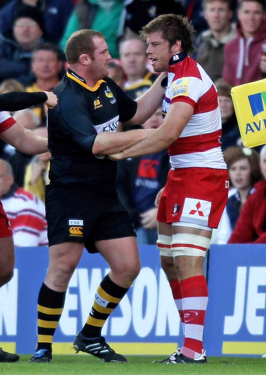 Wasps' Tim Payne and Gloucester's Brett Deacon square up