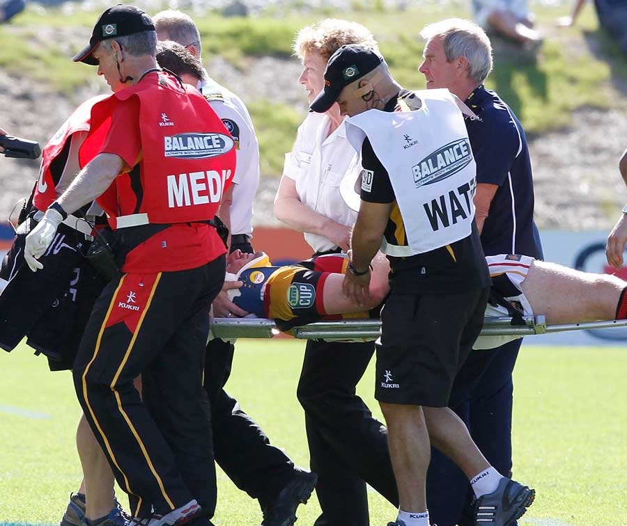 Waikato's Brendan Leonard is stretchered from the field
