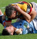 Waikato's Vern Kamo gets to grips with Northland's David Holwell 