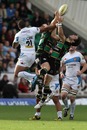 Northampton and Exeter compete for a high ball