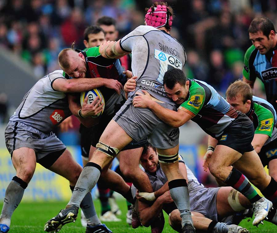 Quins' Joe Marler takes the game to the Falcons