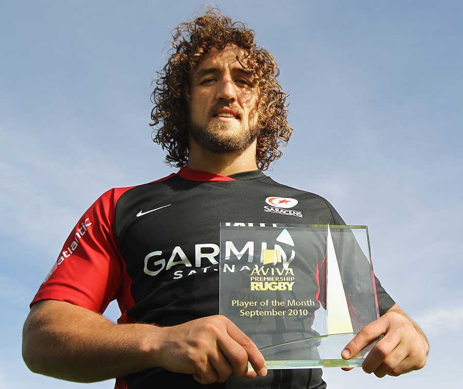 Saracens' Jacques Burger poses with his Player of the Month award