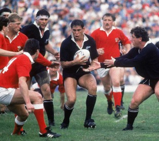 New Zealand's Buck Shelford carries the ball, New Zealand v Wales, Rugby World Cup, Lang Park, Brisbane, June 14, 1987