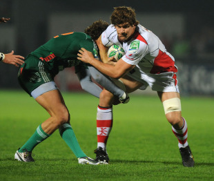 Ulster's Robbie Diack shrugs off a tackle from Gilberto Pavan, Ulster v Aironi, Heineken Cup, Ravenhill, Belfast, Northern Ireland, October 8, 2010