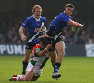 Matt Banahan looks for the offload as he is taken to the ground, Bath v Biarritz, Heineken Cup, The Recreation Ground, Bath, England, October 10, 2010