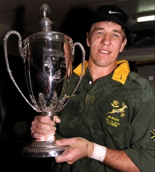 South Africa skipper Gary Teichmann celebrates with the Tri-Nations trophy, South Africa v Australia, Tri-Nations, Ellis Park, Johannesburg, South Africa, August 22, 1998