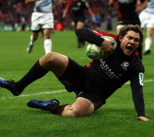 Alex Goode touches down for an early try against Leinster, Saracens v Leinster, Heineken Cup, Wembley stadium, London, England, October 16, 2010