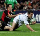Jonathan Sexton slides over the try line for Leinster