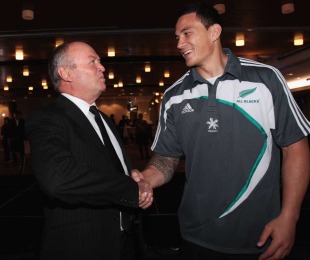 All Blacks coach Graham Henry congratulates Sonny Bill Williams on his call up, New Zealand squad announcement, Auckland, New Zealand, October 17, 2010