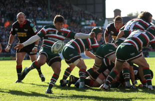 Ben Youngs clears for Leicester, Leicester Tigers v Scarlets, Heineken Cup, Welford Road, Leicester, England, October 17, 2010 
