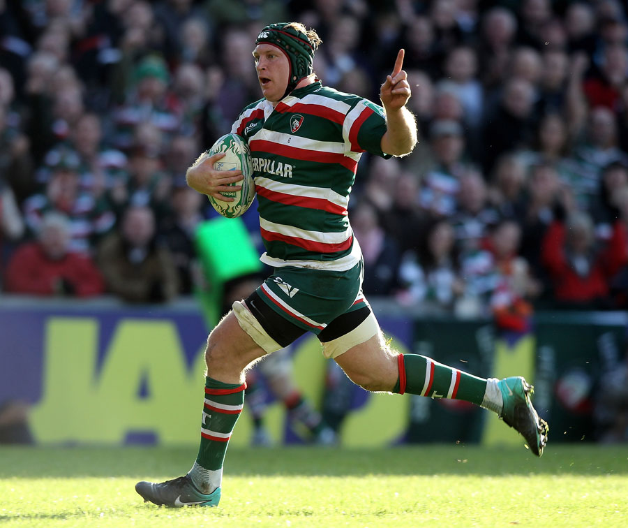Leicester's Thomas Waldrom celebrates as he cruises over for a try