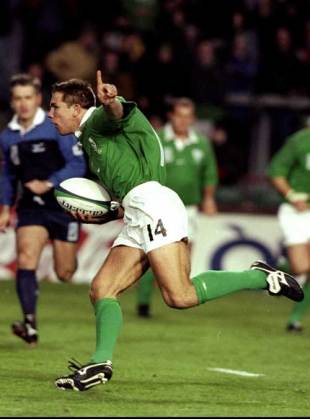 Justin Bishop celebrates on his way to scoring against the USA, Ireland v USA, World Cup, Lansdowne Road, October 2 1999.