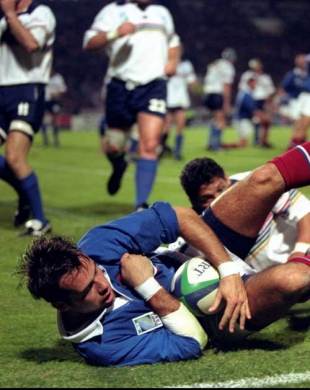 France full-back Ugo Mola scores one of his hat-trick of tries against Namibia, France v Namibia, Bordeaux, October 8 1999