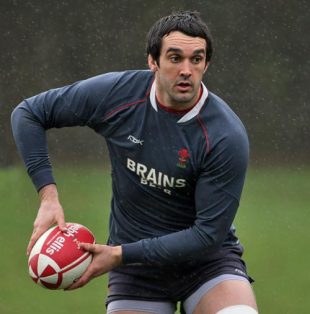 Wales forward Jonathan Thomas prepares to pass the ball during Wales Rugby Union Training at Sophia Gardens in Cardiff, Wales on February 7, 2008.