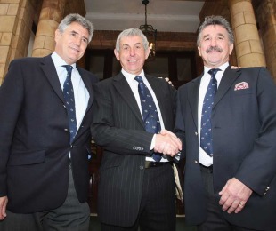 Andy Irvine (left) and Gerald Davies (right) with new Lions boss Ian McGeechan (centre), British & Irish Lions press conference, Landmark Hotel, London, England, May 14, 2008 
