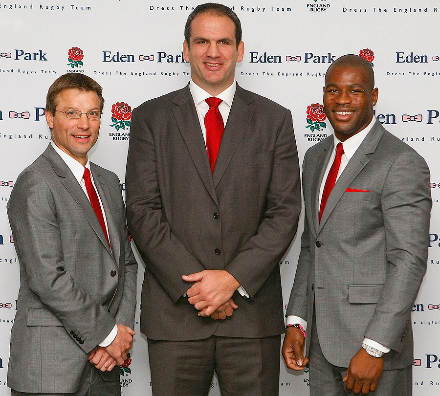 Rob Andrew, Martin Johnson and Ugo Monye pose in their new suits