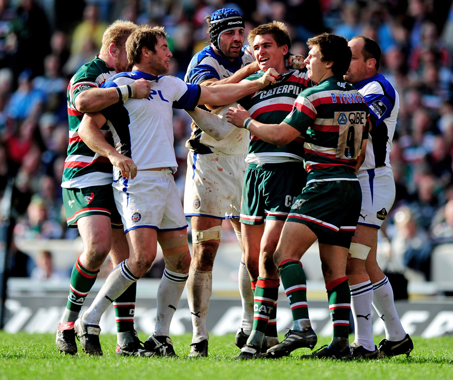 Bath's Butch James and Leicester's Toby Flood come to blows