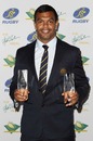 Wallabies fullback Kurtley Beale poses with his Try of the Year and Rookie of the Year awards