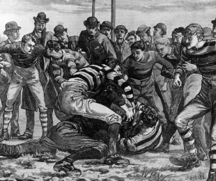 A scene from an early game of rugby, Taken from The Graphic - Football: A Maul In Goal, published in 1881