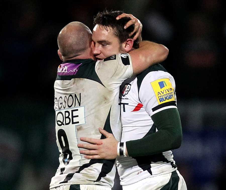 London Irish's Paul Hodgson embraces team-mate Ryan Lamb