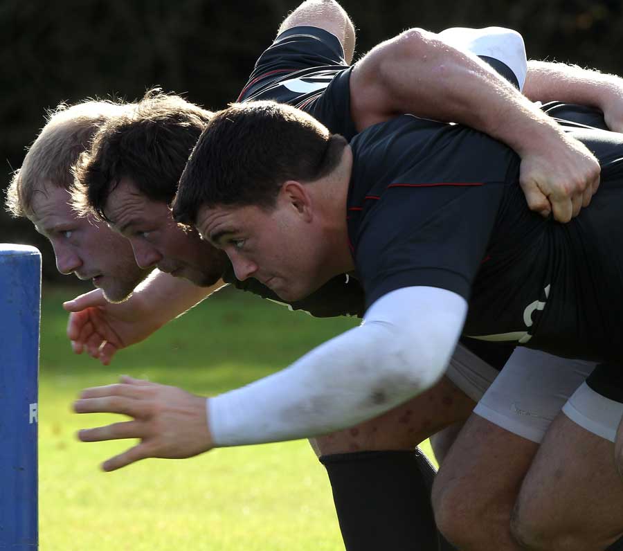 An England front row of Andrew Sheridan, Steve Thompson and Dan Cole take on the scrum machine