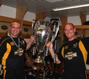Phil Vickery and Lawrence Dallaglio celebrate winning the 2008 Premiership