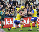 Clermont's Vincent Debaty celebrates a try