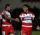 Gloucester wing Lesley Vainikolo is congratulated after scoring the winner