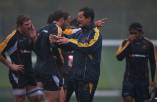 Australia coach Robbie Deans makes himself heard during training at the University of Glamorgan, Treforest, Wales, November 4, 2010