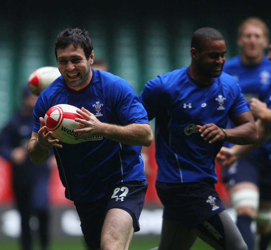 Wales fly-half Stephen Jones in relaxed mood during training