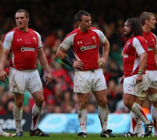 The Wales front row, Gethin Jenkins, Matthew Rees and Adam Jones, look on dejected as their good work is undone against Australia, Wales v Australia, Millenium Stadium, Cardiff, Wales, November 6, 2010