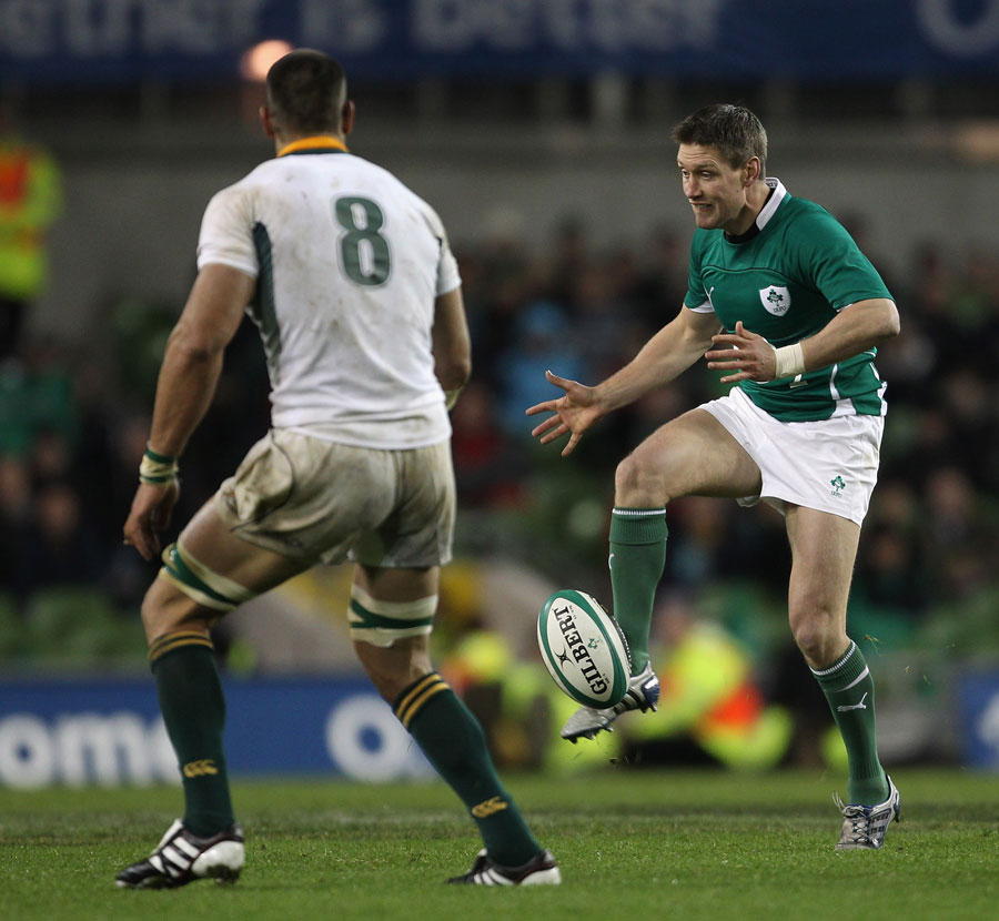 Ireland's Ronan O'Gara lofts the ball in behind the Springbok defence