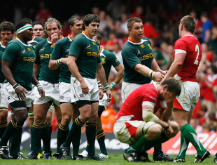 Springbok captain John Smit shakes hands with Matthew Rees at full time, Wales v South Africa, Millennium Stadium, Cardiff, Wales, June 5, 2010