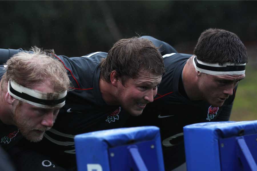 Dylan Hartley links up with his fellow front rowers Andrew Sheridan and Dan Cole