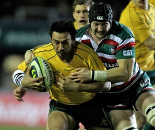 Australia's Huia Edmonds is tackled by Leicester's George Skivington, Leicester Tigers v Australia, Welford Road, Leicester, England, November 9, 2010