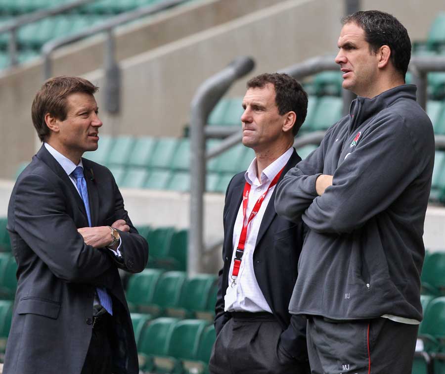 Rob Andrew, John Steele and Martin Johnson chat at Twickenham